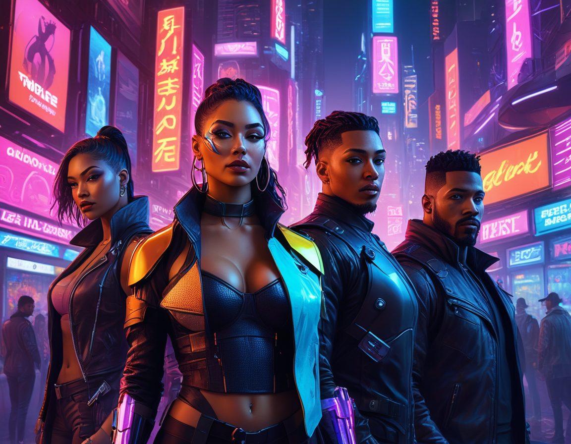 A bold and vibrant illustration showcasing a diverse group of adult entertainers surrounded by symbolic representations of insurance policies, such as shields and certificates. The backdrop features elements of nightlife, like neon lights and cityscapes, blending into a futuristic theme. Emphasize uniqueness with individual characters displaying their distinct styles and businesses, creating an atmosphere of empowerment and professionalism. Art style: cyberpunk, vibrant colors, 3D.