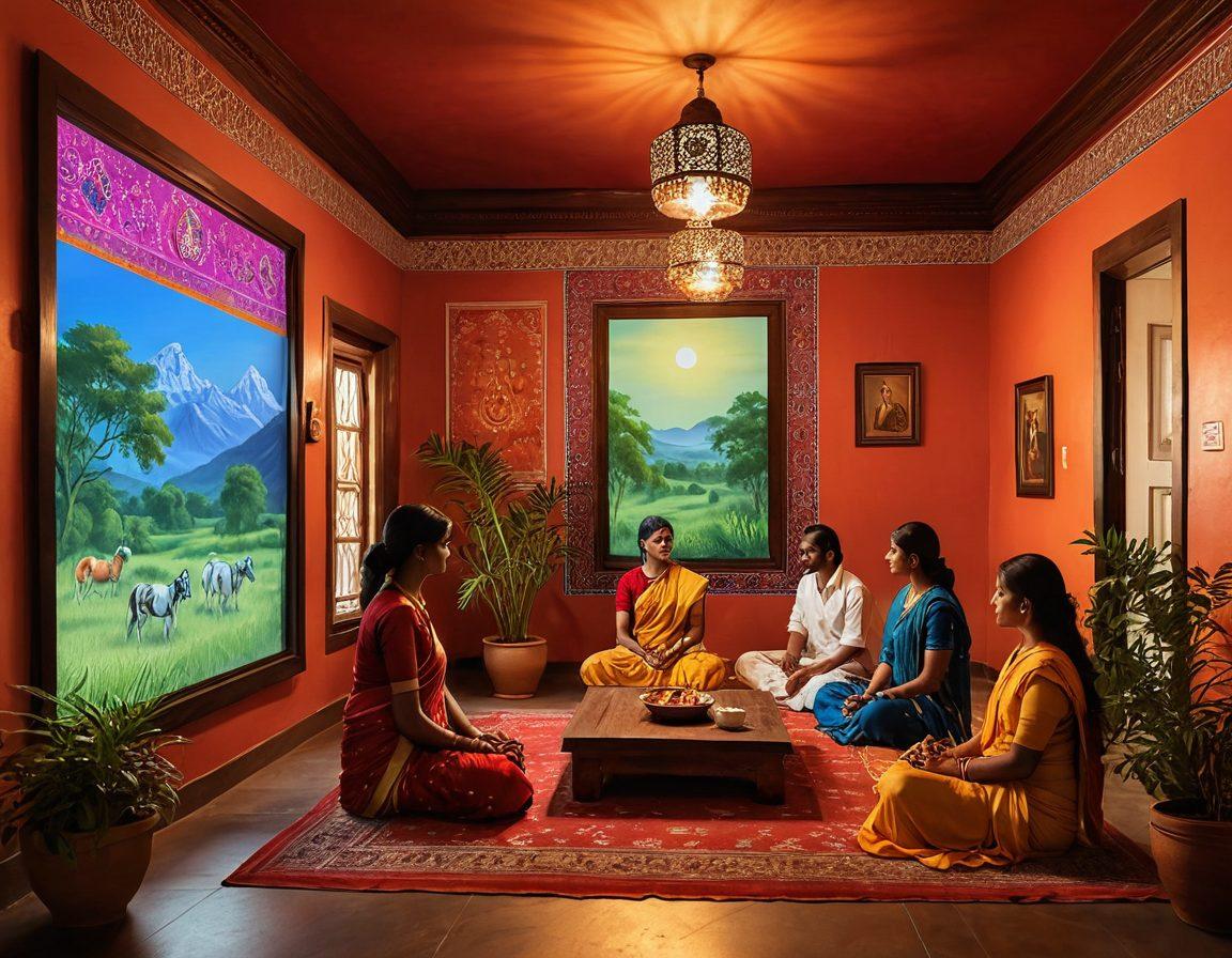 A serene Indian landscape featuring a diverse group of people engaged in healthy conversations about sexual wellness, surrounded by colorful digital screens displaying information on insurance solutions. Include traditional Indian patterns subtly integrated into the background. Soft lighting to convey hope and support. super-realistic. vibrant colors. 3D.